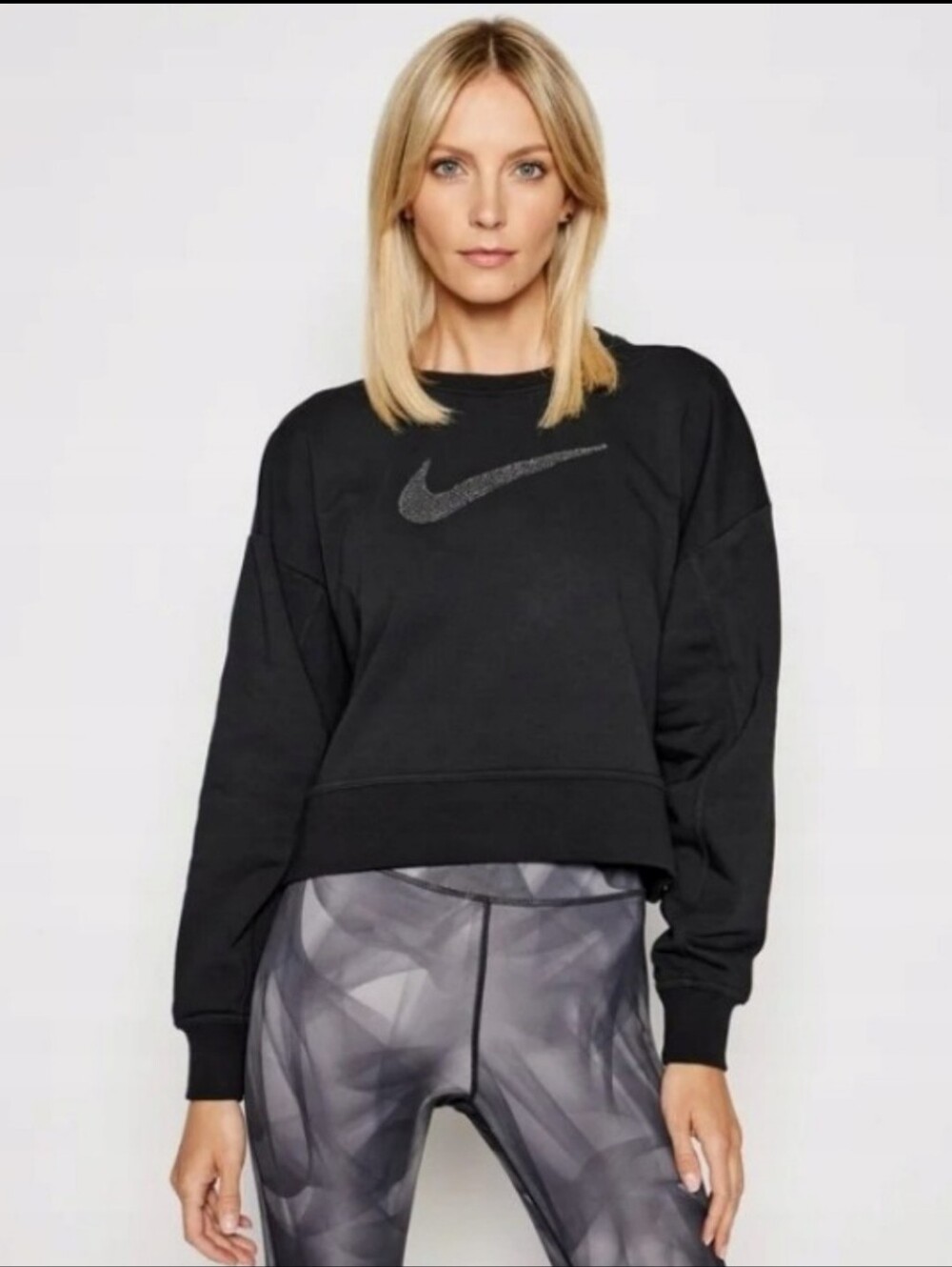 Nike Black Cropped Crew Sweatshirt with Gray Swoosh - Women's Size Small